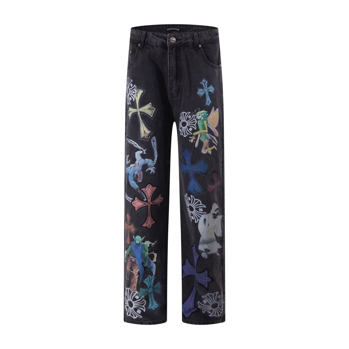 P290 Style number: H73 Crow Heart & 𝐂𝐡𝐫𝐨𝐦𝐞 𝐇𝐞𝐚𝐫𝐭 ss25 black elf print jeans. Styles with different washed textures are very friendly to people with thin legs. The slightly flared version perfectly modifies the leg shape. The timeless and moderate length makes it easy to match and match. It is the basis for various styles and is a must-have in your wardrobe! The fabric is stiff but also makes the upper body soft without losing texture. The washing process is even more perfect. It is a must-have item for everyone! ! ! Washed wheat, hang tag, pants label, three labels complete Color: black Size: 30-32-34-36